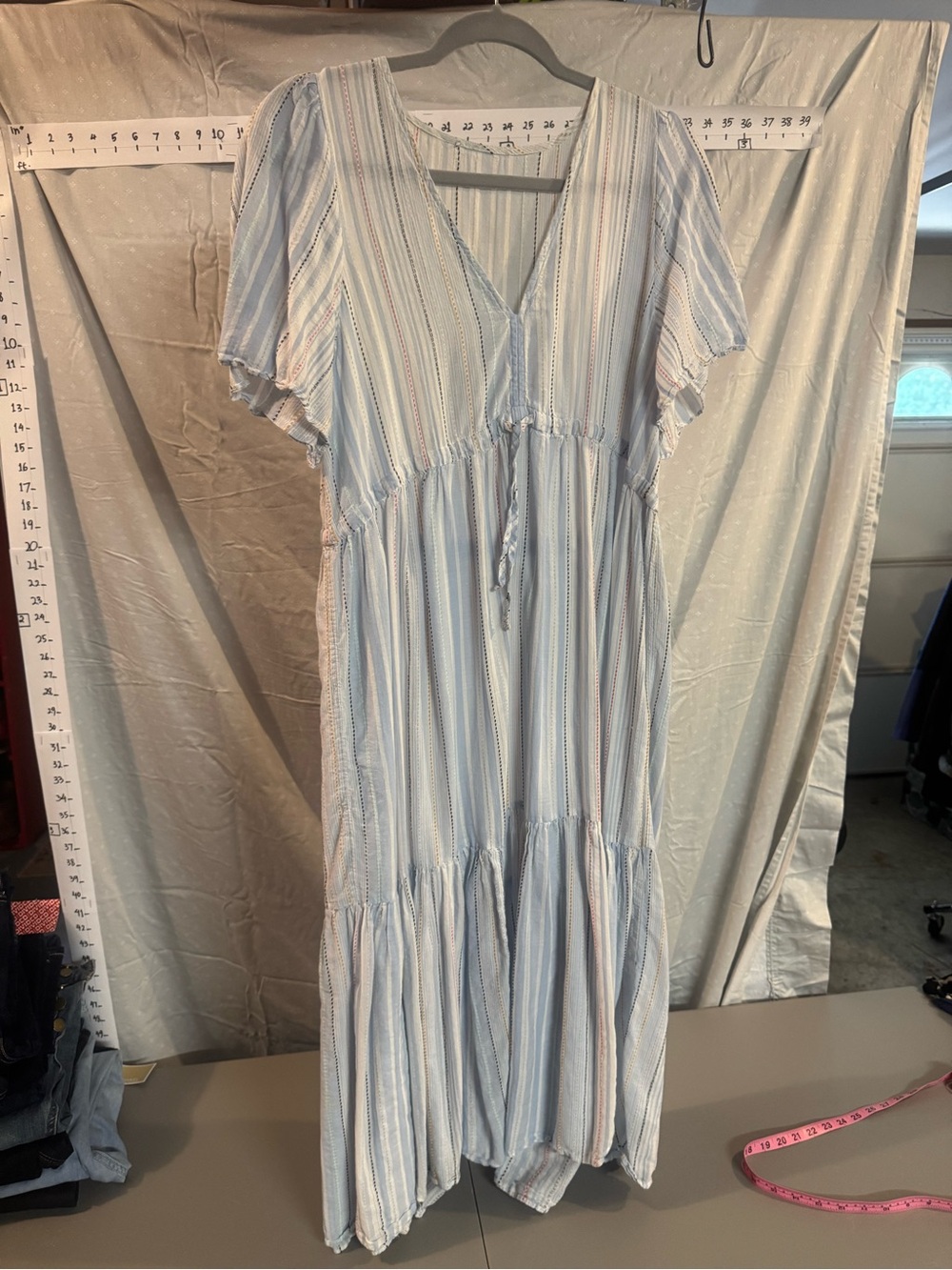 Blue Striped Maxi Dress with Tie Front and Flutter Sleeves